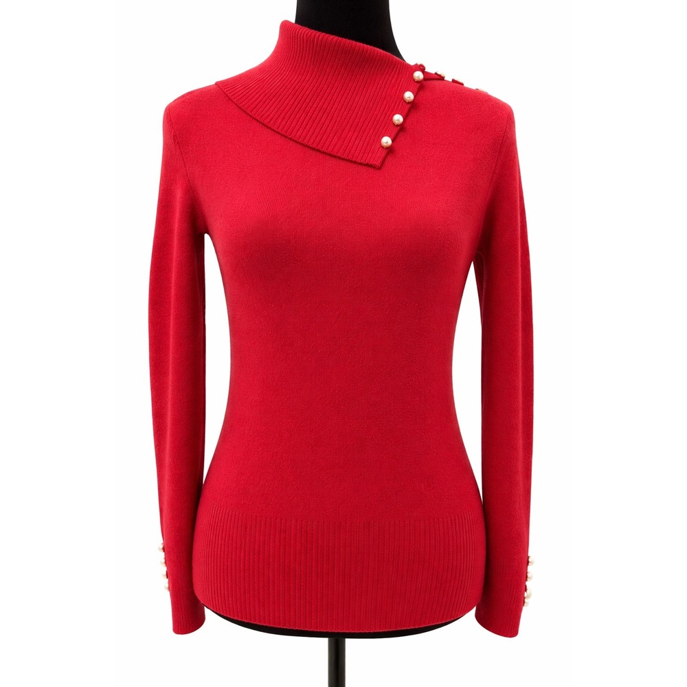 Mainbocker Womens Pullover Turtleneck Sweater Small Red‎ Pearl Accents Cashmere